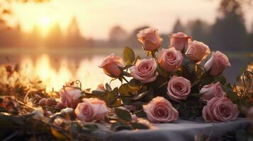 rosado rosas en el tumba en el cementerio a atardecer, superficial profundidad de campo ai generado foto