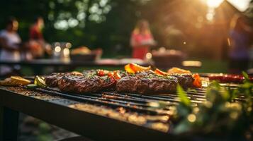 Barbecue grill with delicious grilled meat, vegetables and other food on summer party AI Generated photo