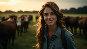 Portrait of smiling young woman looking at camera while standing in field with cows AI Generated photo