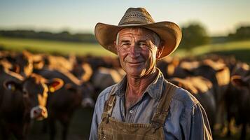 granjero en pie en frente de manada de vacas a puesta de sol. atención en hombre ai generado foto