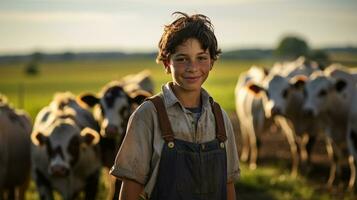 retrato de contento chico en pie en establo a granja durante puesta de sol ai generado foto