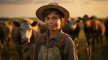 retrato de contento chico en pie en establo a granja durante puesta de sol ai generado foto