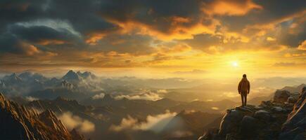 Man standing on the top of a mountain with a beautiful sunrise in the background AI Generated photo