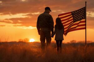 papá militar uniforme con americano bandera en puesta de sol antecedentes ai generado foto