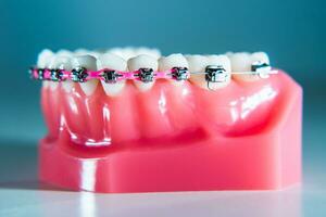 Braces are placed on the teeth in the artificial jaw against a light blue background. Macro photography photo