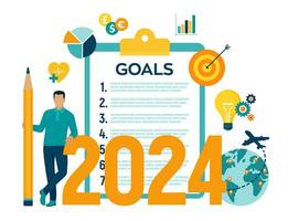 2024 New Year Goals Checklist. Future Goal And Plans. List For Upcoming New Year Making Yearly Planning For 2024. Business motivation,inspiration concept. Vector illustration with character and icons.