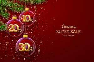 Christmas sale banner. 10, 20, 30 percent Off discount promotion. Realistic golden 10, 20, 30 numbers in a transparent glass balls on red background. Advertising poster, flyer. Vector illustration.