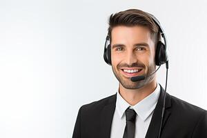 retrato de un hermoso sonriente hombre, un apoyo operador, con un auriculares y un micrófono. colcetra empleado en blanco antecedentes foto