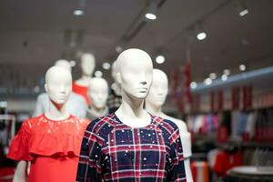 hembra maniquíes son vestido en casual ropa con un naranja roja tema en Moda tienda a el Departamento almacenar. foto