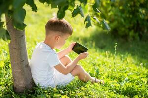 alegre chico sentado en el césped mira dibujos animados en el teléfono en el verano a puesta de sol. linda bebé teniendo divertido en naturaleza foto