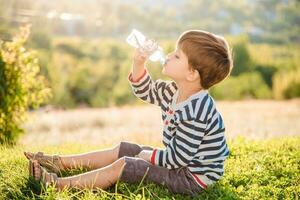 linda chico sentado en el césped bebidas agua desde un botella en el verano a puesta de sol. niño apaga sed en un caliente día foto