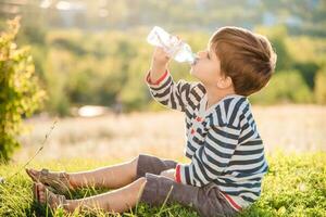 un hermosa niño sentado en el césped bebidas agua desde un botella en el verano a puesta de sol. chico apaga su sed en un caliente día foto