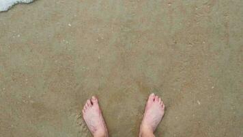 desnudo pies son lavado por el olas de el mar o océano. finalmente algunos descanso y relajación video