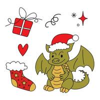 Merry Christmas and Happy New year set. Dragon, cartoon style. Sticker pack vector