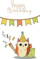 Happy birthday card and party invitation with cute cat and gift with candles vector