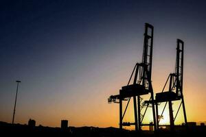 two cranes are silhouetted against the setting sun photo