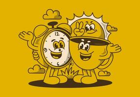 Mañana tiempo, café tiempo. mascota personaje de café taza, alarma reloj y un Dom vector