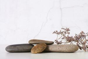 modelo de suave plano mar piedras y seco flores en el mesa Copiar espacio foto