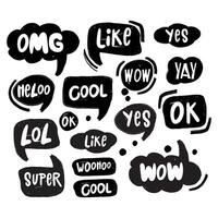 Vector set of speech bubbles in comic style with simple lettering. Dialog phrases- Yes, like, cool, lol, ok, super, hello, wow, omg, yay