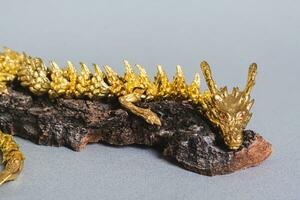 Golden metallic dragon on tree bark on gray background decor for Chinese New Year photo