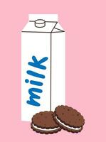 Paper packaging of milk with cookies. Vector illustration in retro style. Old packaging. Minimalism.