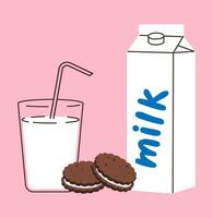 Glass of milk and milk packaging in flat style. Vector illustration of breakfast, a glass with milk and cookies and a large paper package of milk. Minimalism.