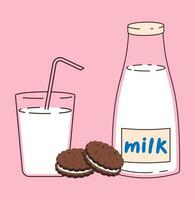 A glass of milk with a straw. Breakfast vector illustration. Glass bottle with milk, glass and cookies.