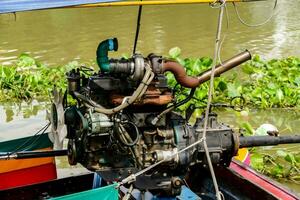 a boat engine on a boat in a river photo