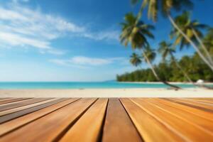 AI generated Empty orange bamboo table top stands for display product against the defocused white sand beach surrounded with coconut trees and sea background on a sunny day with blue sky. photo