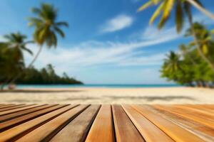 AI generated Empty orange bamboo table top stands for display product against the defocused white sand beach surrounded with coconut trees and sea background on a sunny day with blue sky. photo