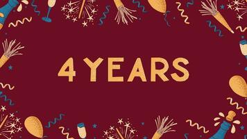 Vector celebrating banner with text 4 Years. Flat composition for anniversary, birthday or wedding. Template of print design with celebrating elements with dotted texture on dark red background.