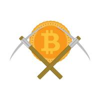 Mining bitcoin and pickaxe. Gold finance miner, crypto digital and virtual cryptocurrency. Vector illustration