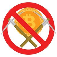 prohibición minería y prohibido bitcoin, no cripto divisa, vector ilustración