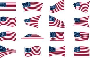 Set of different american flags in different poses. USA flag vector illustration.