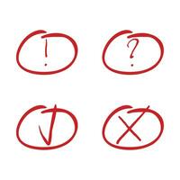 Mark red marker. Tick and cross, exclamation and question symbol. Cross mark, check tick sketch, hand drawn question mark and exclamation mark. Vector illustration