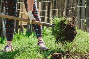 An elderly woman digs the earth with a shovel in her garden in the village photo