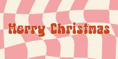 Groovy Abstract chess background with phrase Merry Christmas. vector banner in the style of retro hippie