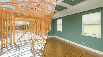 Before and After Interior of House Wood Construction Framing and Finished Build. photo