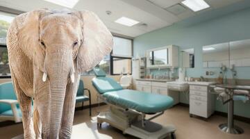 médico examinando habitación a un hospital con un elefante en el habitación. foto