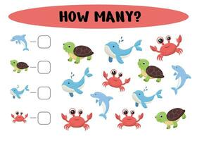 Counting game for kids. How many marine animals.  Educational game for children, kids preschool age. Mathematics task. Learning mathematics, numbers. vector