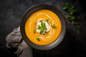 Pumpkin and carrot soup in ceramic bowl on ceramic table top view Generative photo