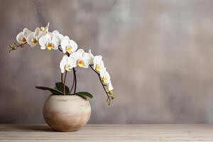 white orchid in a pot with a grunge wall background with copyspace AI Generative photo