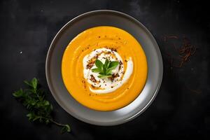 Pumpkin and carrot soup in ceramic bowl on ceramic table top view Generative photo