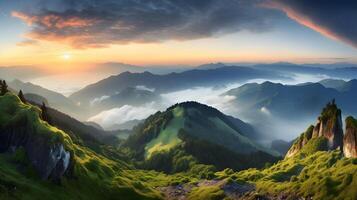 hermoso paisaje de montaña durante puesta de sol con nublado cielo ai generativo foto