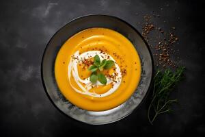 Pumpkin and carrot soup in ceramic bowl on ceramic table top view Generative photo