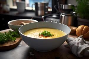 Homemade potato soup in ceramic bowl on ceramic table in modern kitchen interior AI Generative photo