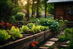 a contemporary garden, wooden raised beds are used to grow vegetables AI GEnerative photo