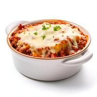 lasagna soup in white ceramic bowl isolated on white, closeup view AI Generative photo