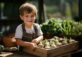 Young farmer with freshly picked Onions in basket. Hand holding wooden box with vegetables in field. Fresh Organic Vegetable. AI Generative. photo