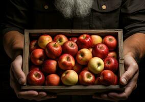 Young farmer with freshly picked apple in basket. Hand holding wooden box with vegetables in field. Fresh Organic Vegetables from local producers. AI geneeative. photo